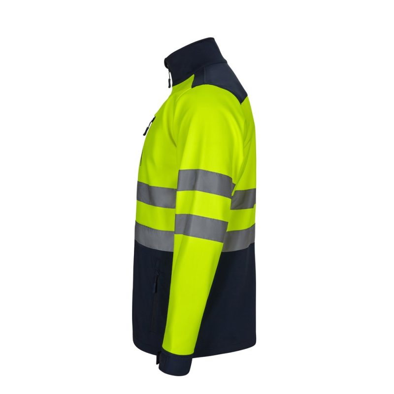 Hi-vis jacket with reflective stripes, side view.