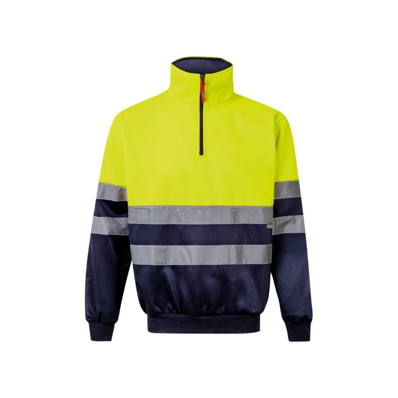 High-visibility safety jumper with reflective stripes.