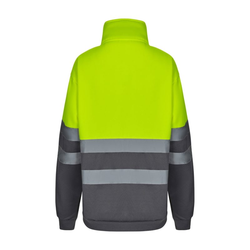 Hi-vis reflective safety jacket, back view.