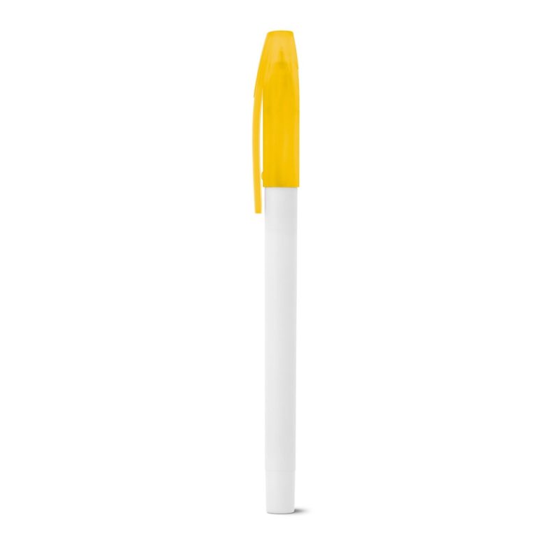 White pen with yellow cap on white background.