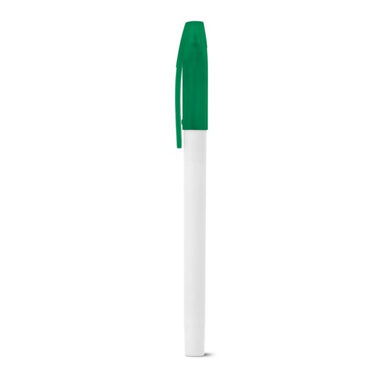 Green-capped white pen on white background.