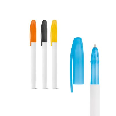 Coloured pens with caps, orange, black, yellow, blue.