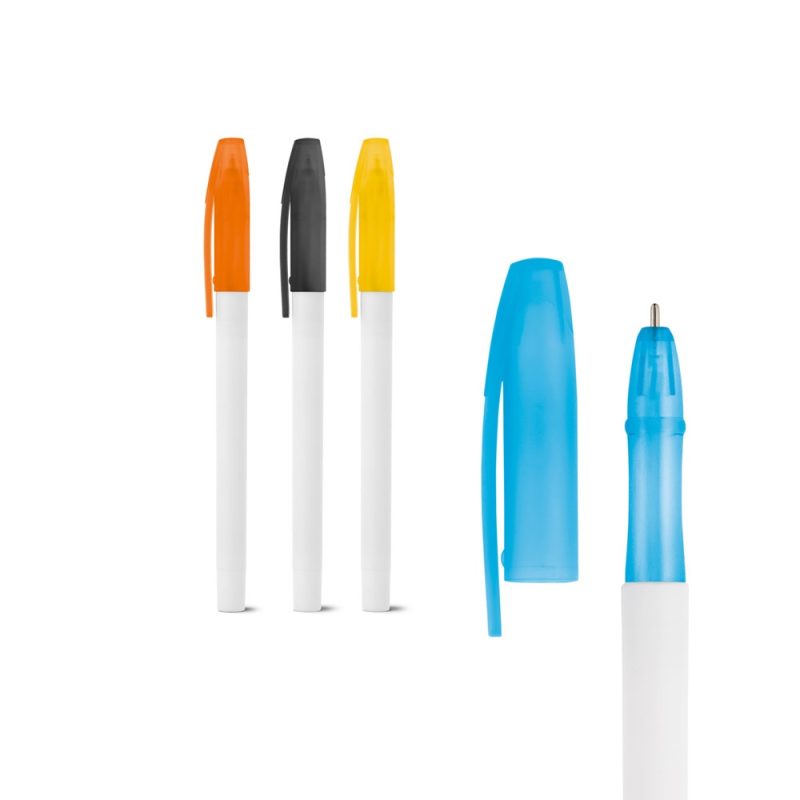 Coloured pens with caps, orange, black, yellow, blue.