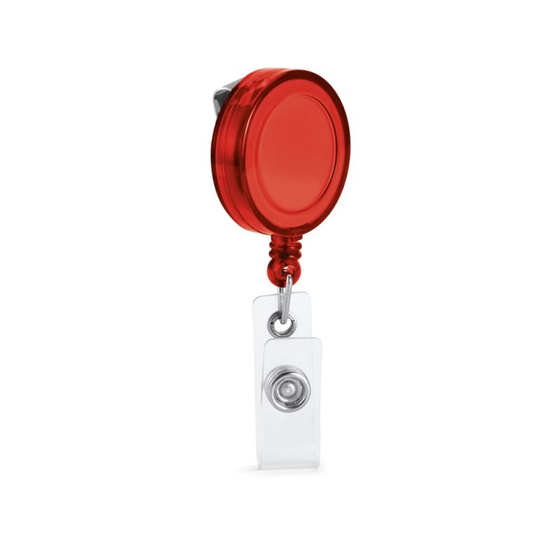Red retractable badge holder with clip.