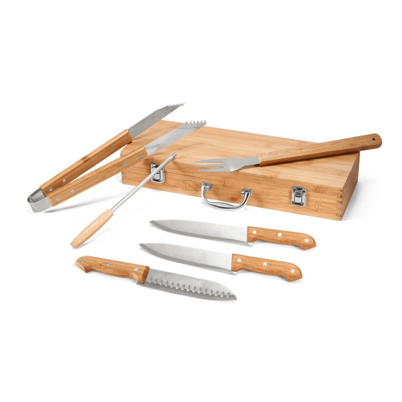 Bamboo handle barbecue tool set on white background.