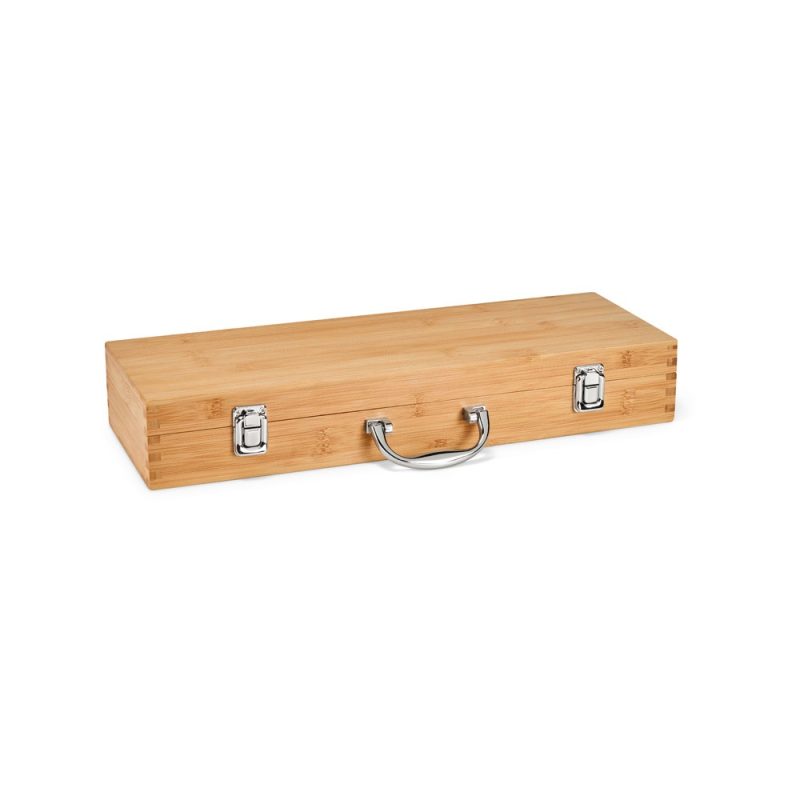Bamboo rectangular case with handle and latches.