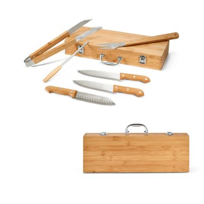 Bamboo barbecue tool set with wooden handles.