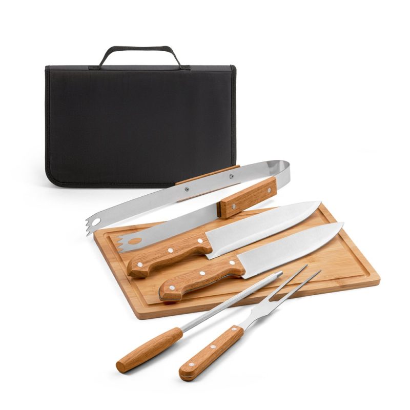 Wood-handled knife set with storage case.