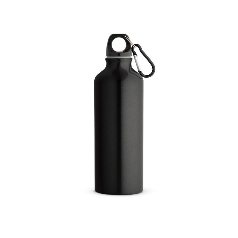 Black metal water bottle with carabiner clip.