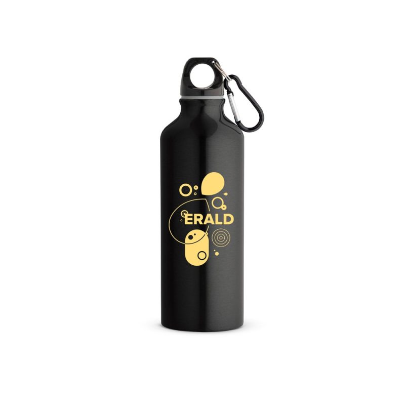 Black metal bottle with yellow geometric design.