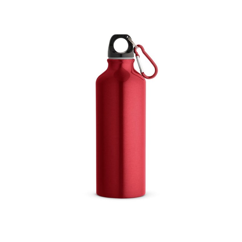 Red aluminium water bottle with carabiner clip.