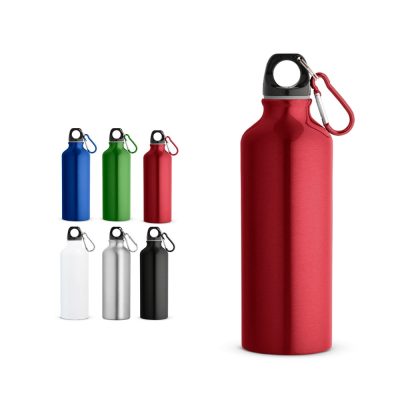 Coloured metal water bottles with carabiner clips.