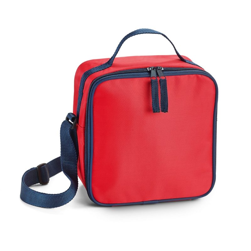Red lunch bag with adjustable strap and zipper