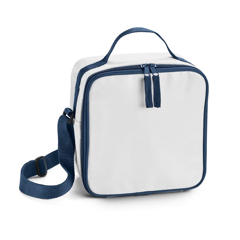 White cooler bag with blue trim and strap.