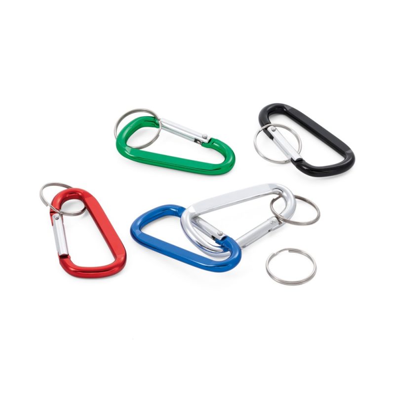 Colourful carabiner keychains on white background