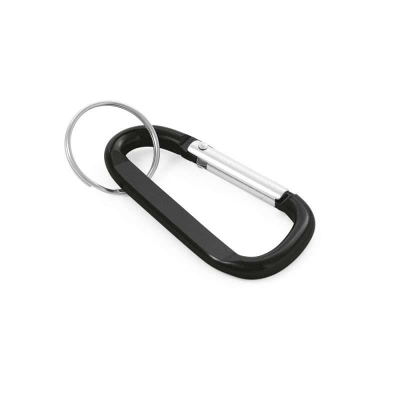 Black carabiner with keyring on white background.