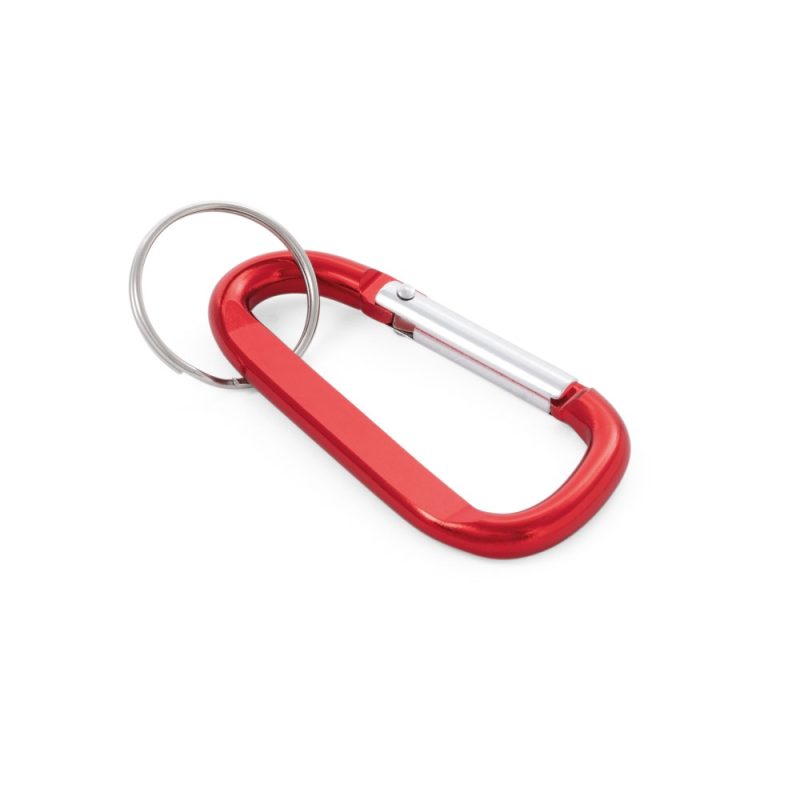 Red carabiner keyring on white background.