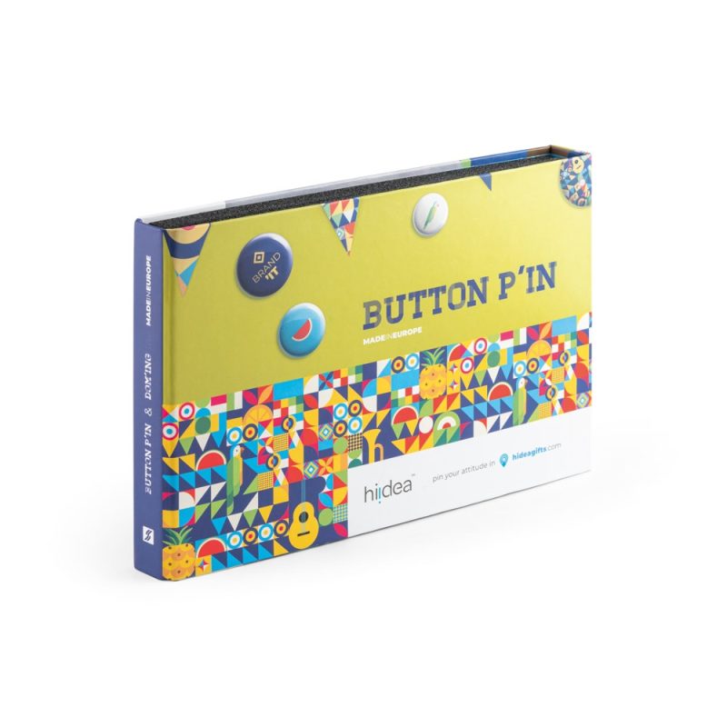 Colourful button pin packaging with geometric patterns.