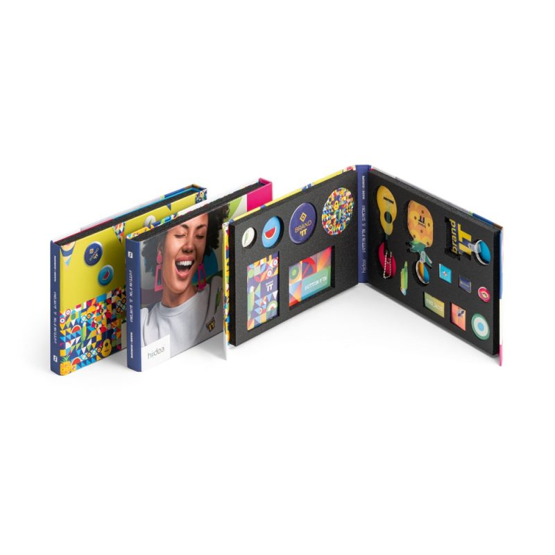 Colourful branding design portfolio open display