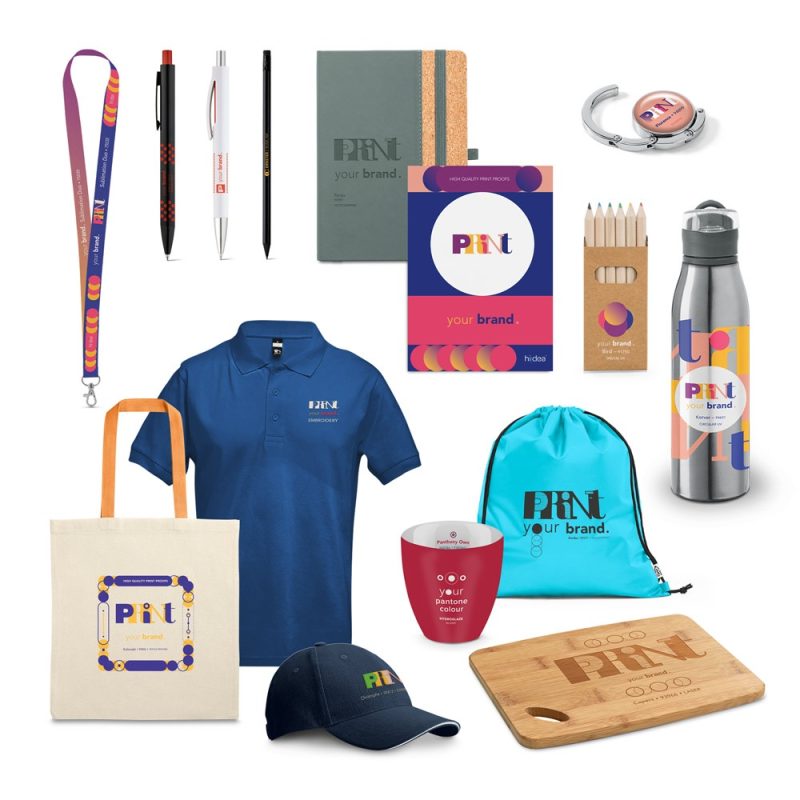 Collection of branded merchandise including clothes and accessories.