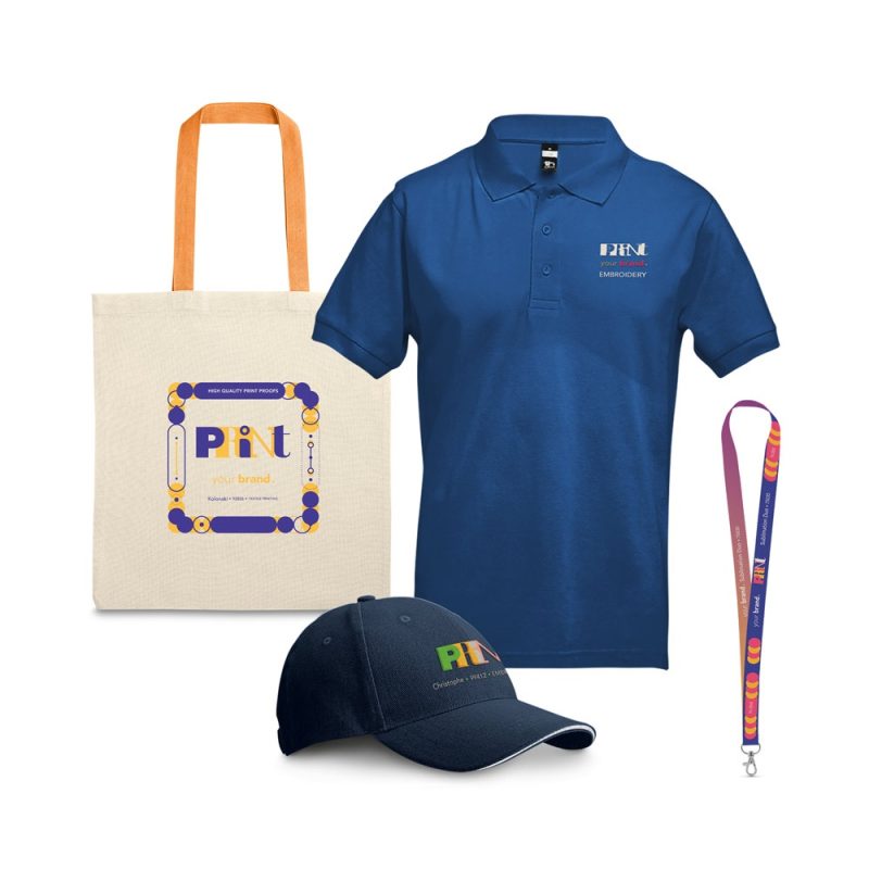 Branded promotional items: polo, cap, tote, lanyard