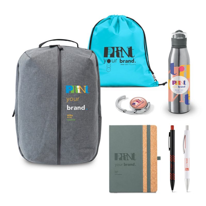 Branded promotional items: bags, bottle, notebook, pens.