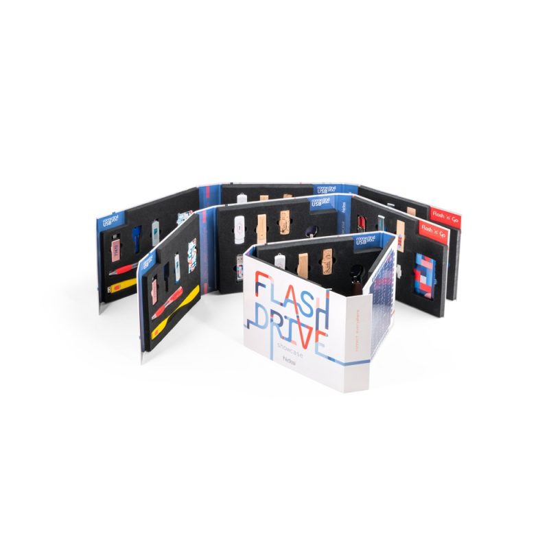 Display of assorted USB flash drives in case.