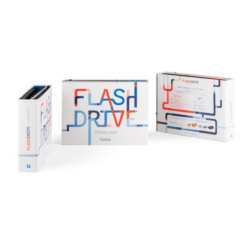 Flash drive packaging with colourful design.