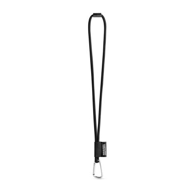 Black lanyard with carabiner clip for keys.