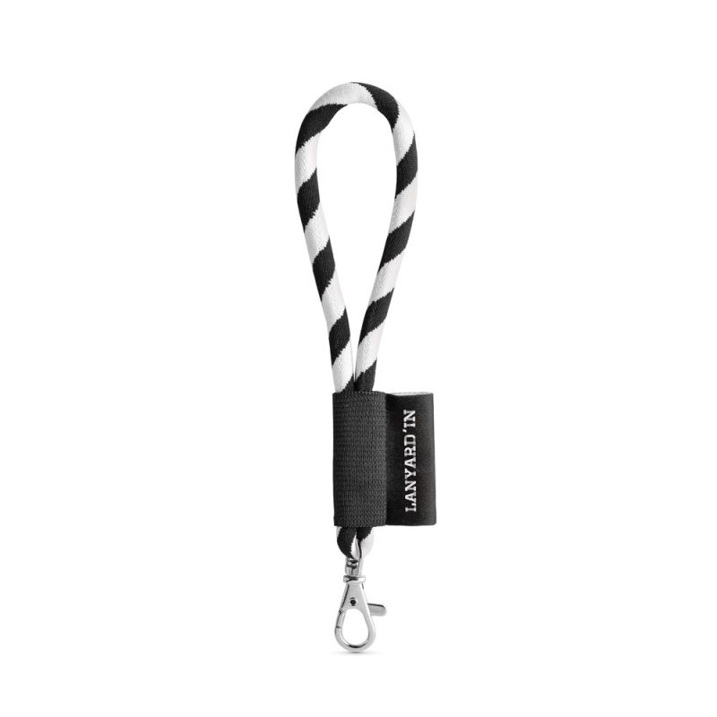 Black and white striped lanyard with clasp
