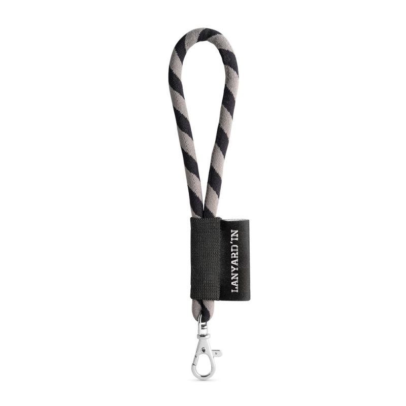 Striped lanyard with metal clasp and black label.