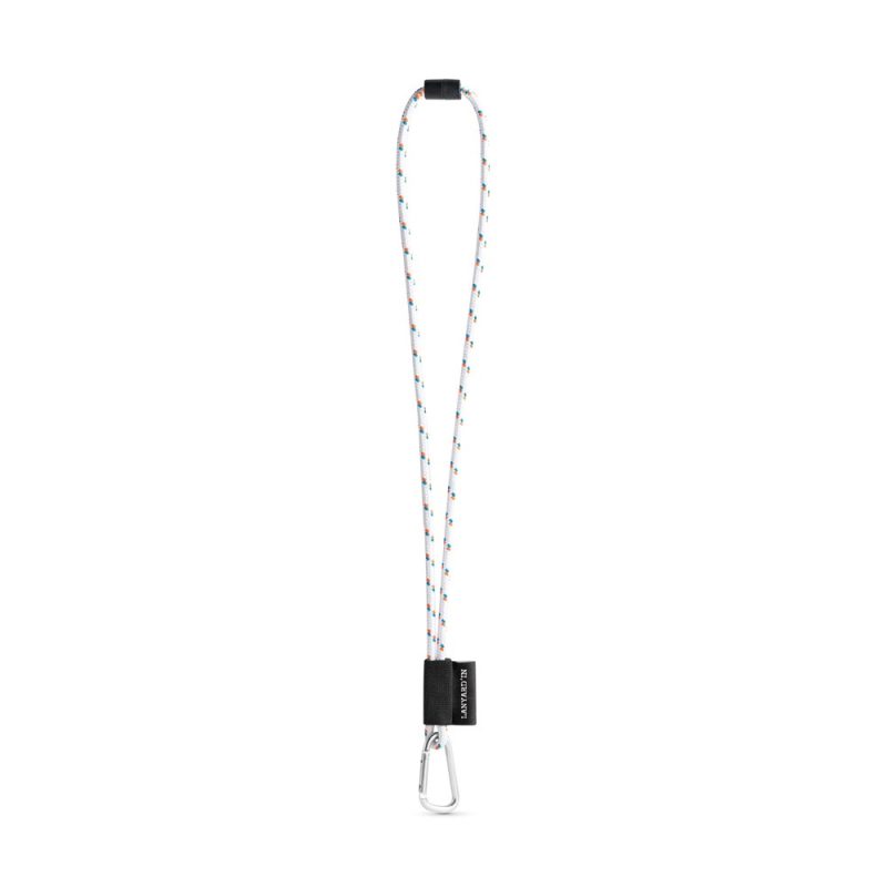White lanyard with metal clip and black label.
