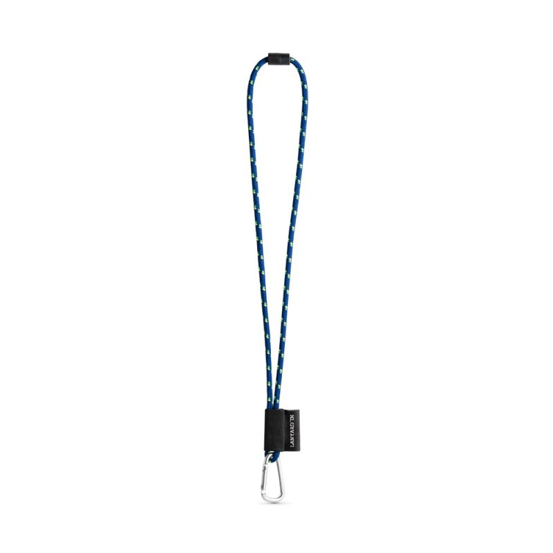 Blue lanyard with metal clip and black logo.