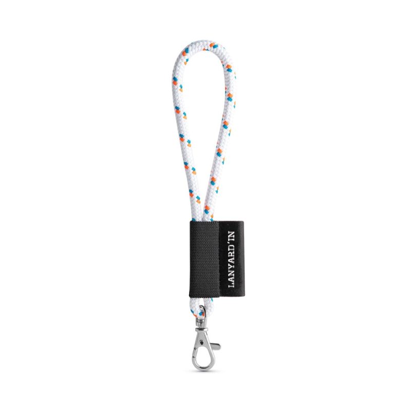 Colourful rope lanyard with metal clasp attachment.