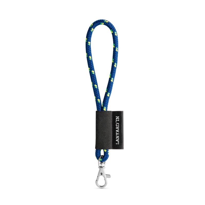 Blue lanyard with yellow accents and metal clip.