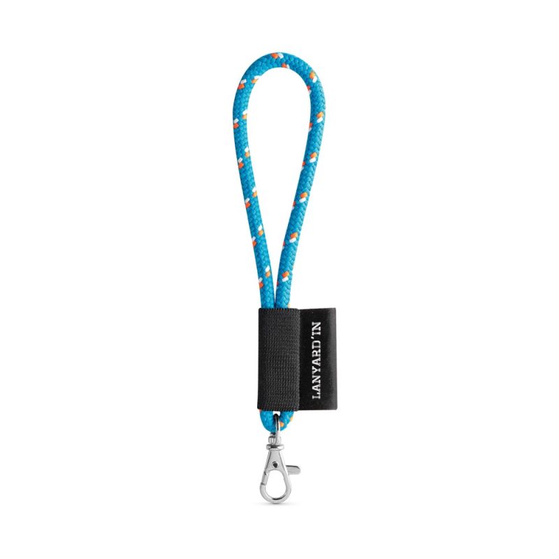 Blue wrist lanyard with silver clasp.