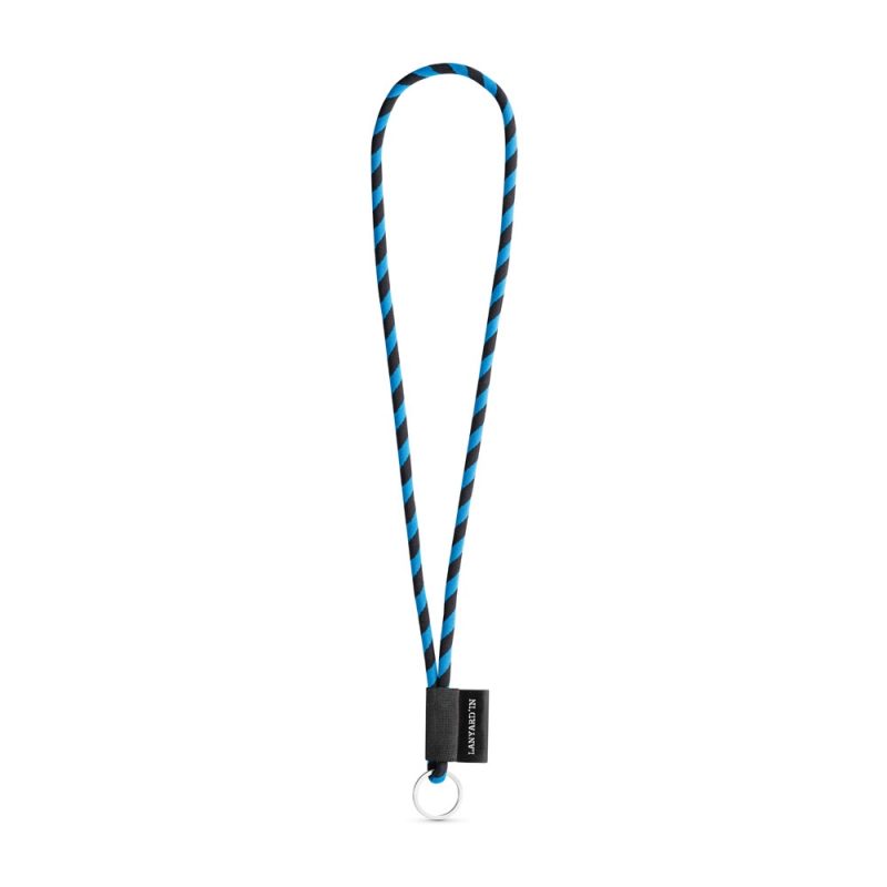 Blue and black striped lanyard with keyring