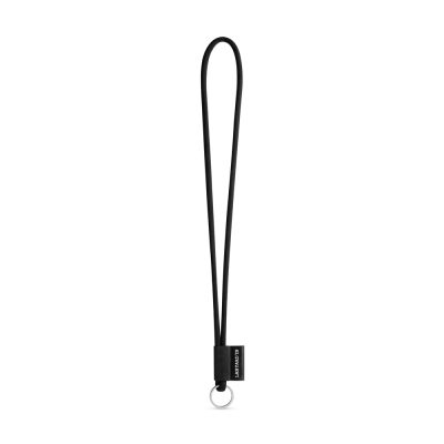 Black lanyard with metal ring attachment.