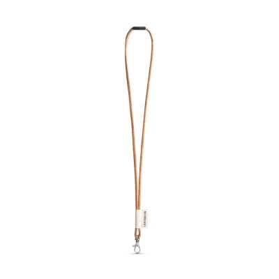 Brown lanyard with clip and label.