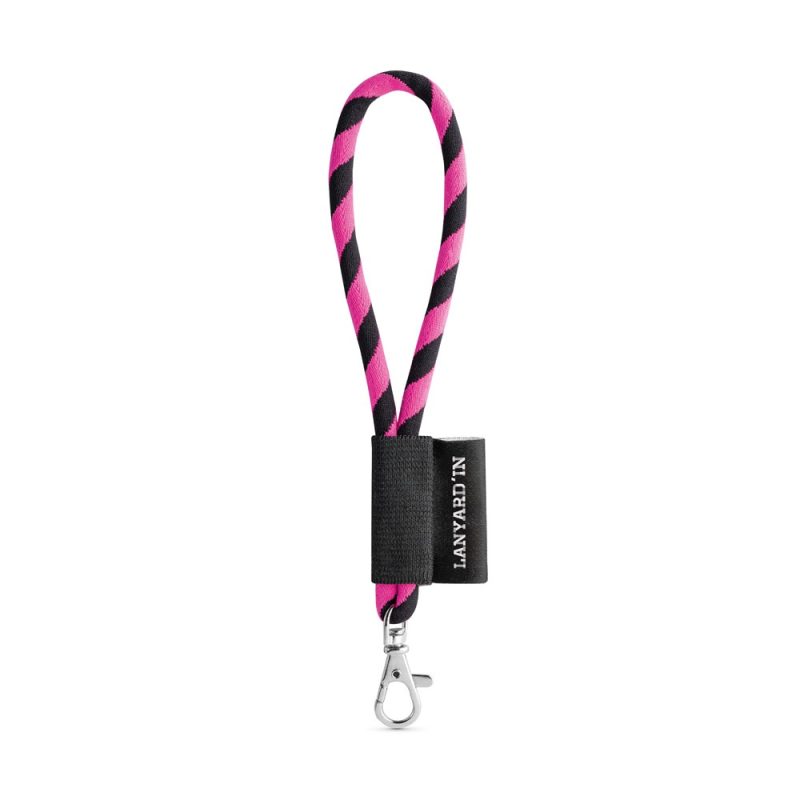Pink and black striped lanyard with hook.