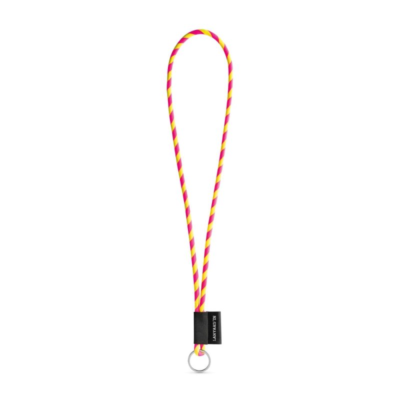 Colourful pink and yellow striped lanyard on white background.