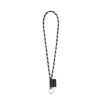Black and white striped lanyard with metal ring.