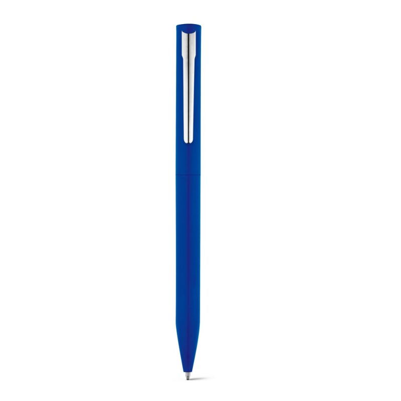 Blue ballpoint pen with silver clip.