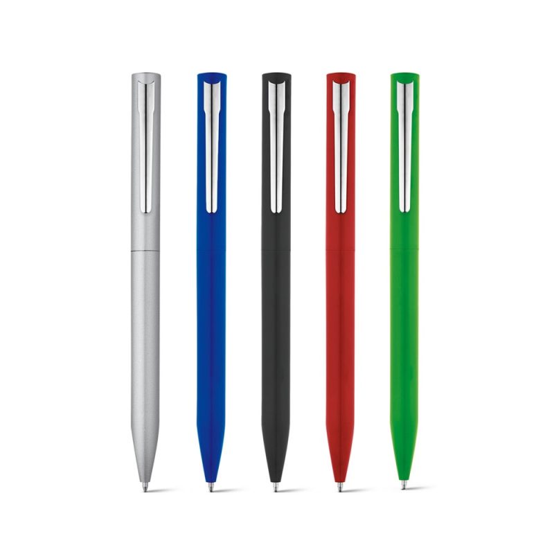 Five colourful pens in silver, blue, black, red, green.