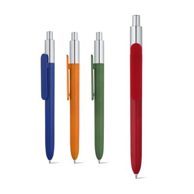 Four colourful click pens standing upright