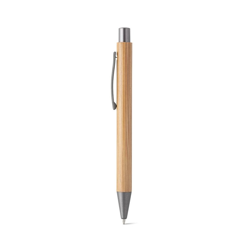 Eco-friendly wooden pen with metal clip.