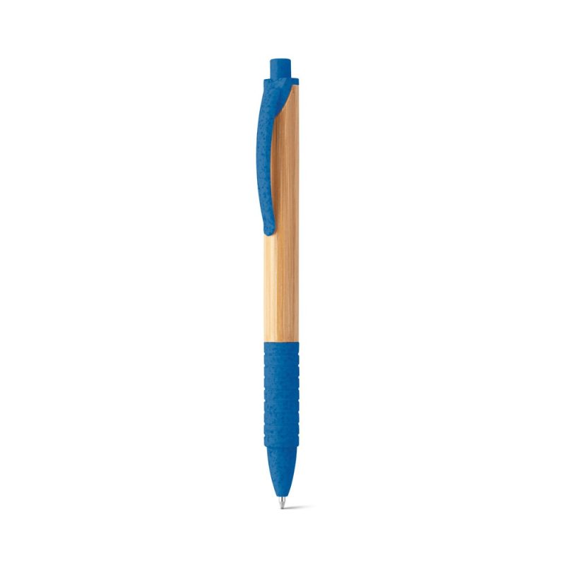 Eco-friendly bamboo pen with blue accents.
