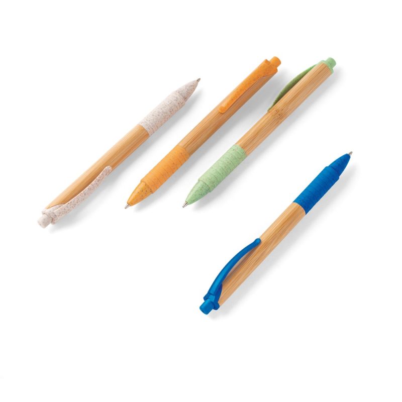 Four colourful bamboo pens on white background.