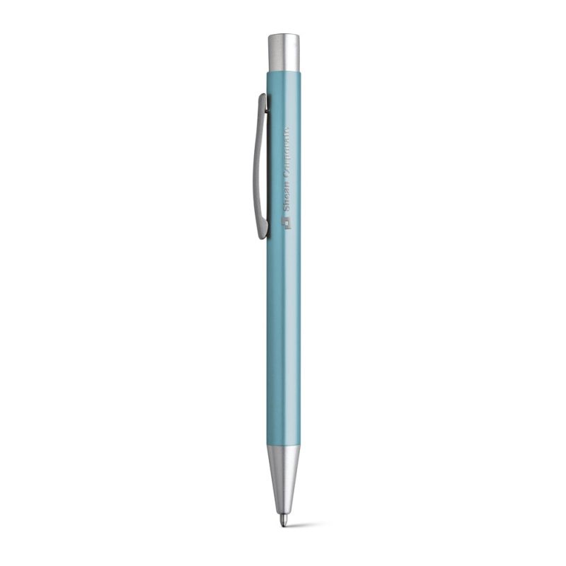 Blue metal pen with clip and silver tip.
