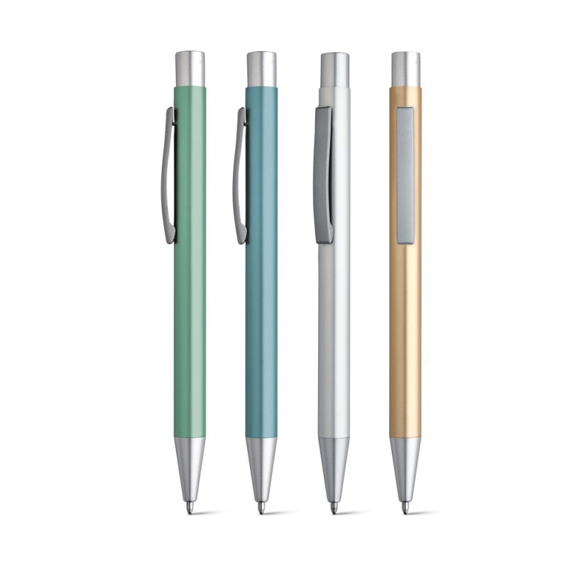 Four colourful pens with clips in a row.